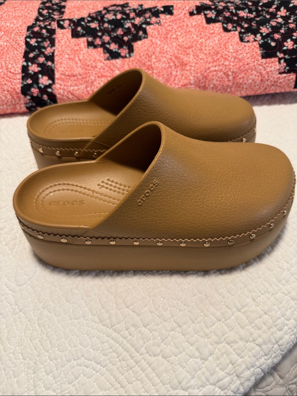 CROCS Platform Clogs in Brown with Stud Trim
